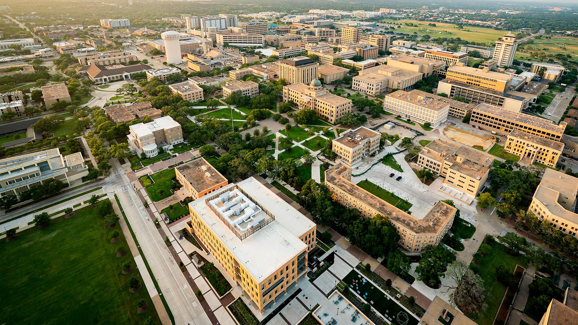 aerial view of campus buildings